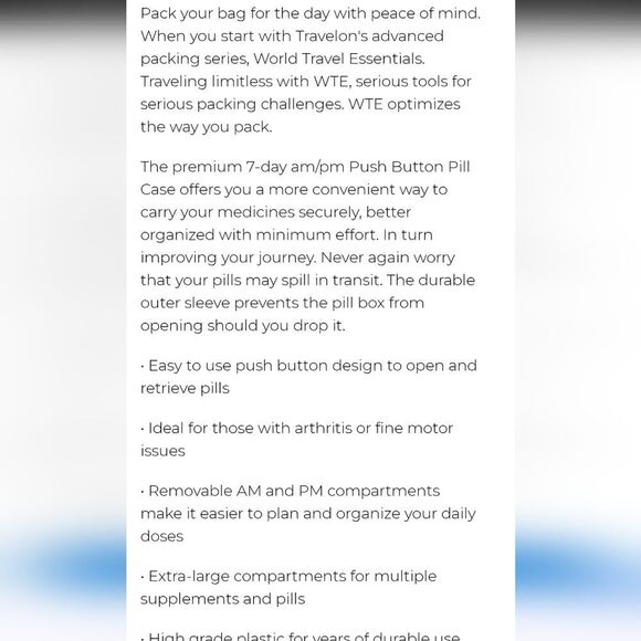 Travelon World Travel Essential 7-Day AM/PM Push Button Pill Case - Picture 5 of 8